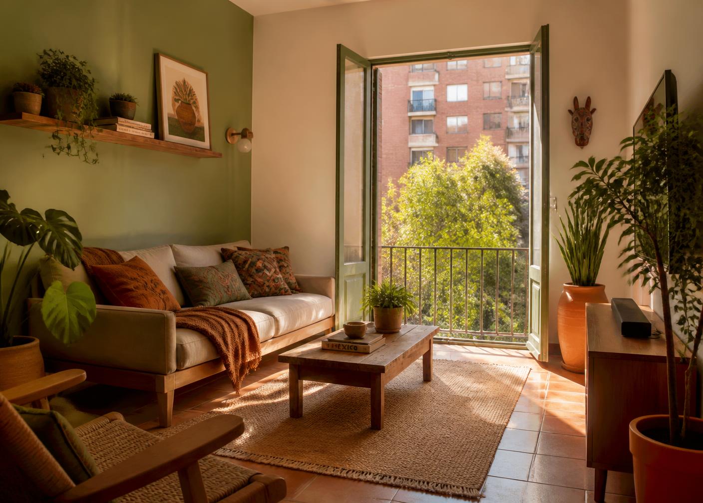 Sala luminosa de una casita lista para habitar